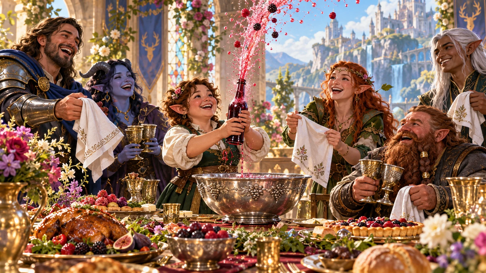 Fantasy diners laugh as a berry cordial fizzes into a serving bowl during a bright banquet.
