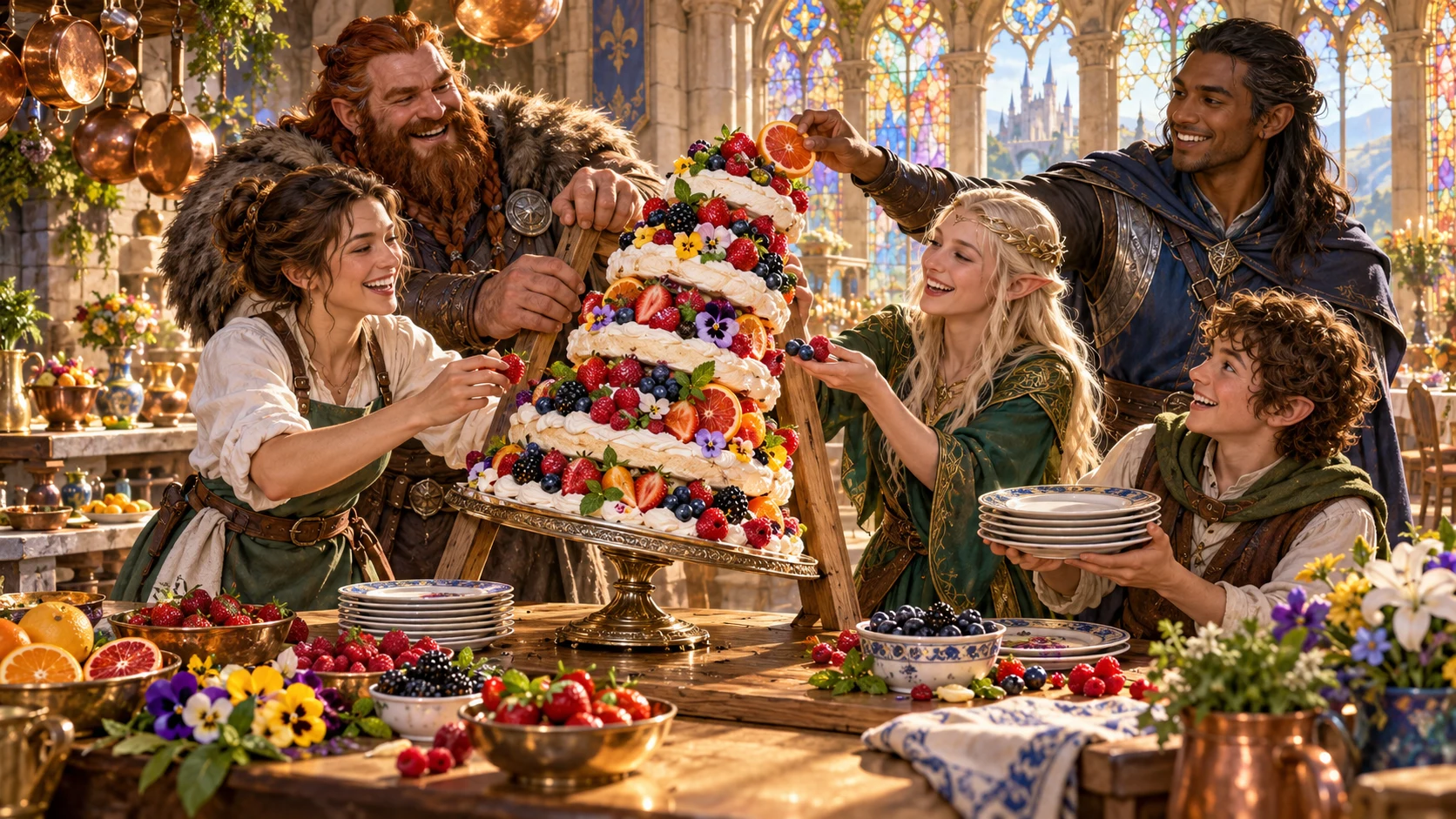 A group steadies a leaning fruit dessert in a castle kitchen while preparing plates to preserve the meal.