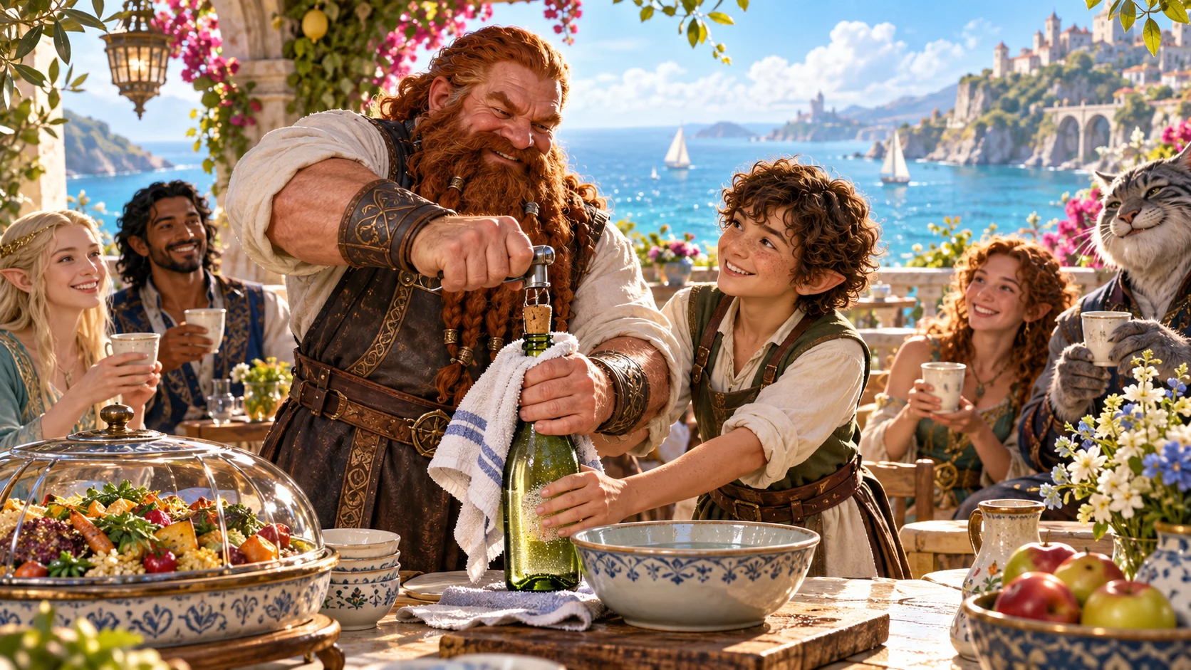 A dwarf and a young diner work together on a stubborn bottle cork at a seaside café table.